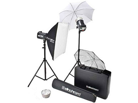 Fotostudio med softbox, blixtar och paraply